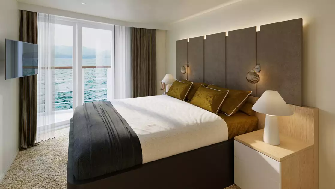 Pearl Suite of Paspaley Pearl ship with double bed in white & black linens & dark headboard, private balcony, TV & light accents.