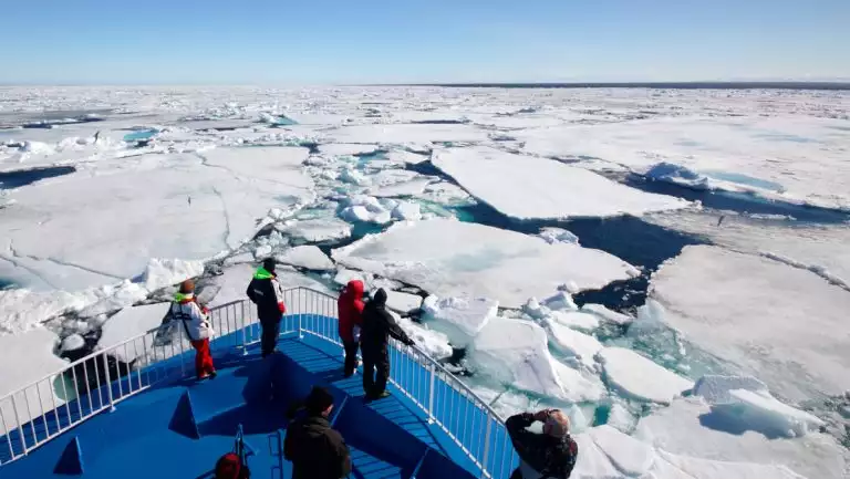 Travelers stand by white railing of blue bow of Quest expedition ship as it cruises through icebergs on a sunny day.