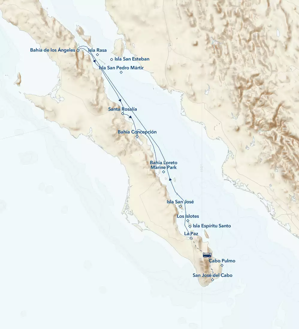 Route map of northbound Baja California Discovery cruise, operating from San Jose del Cabo overland to embark La Paz and end in Loreto.