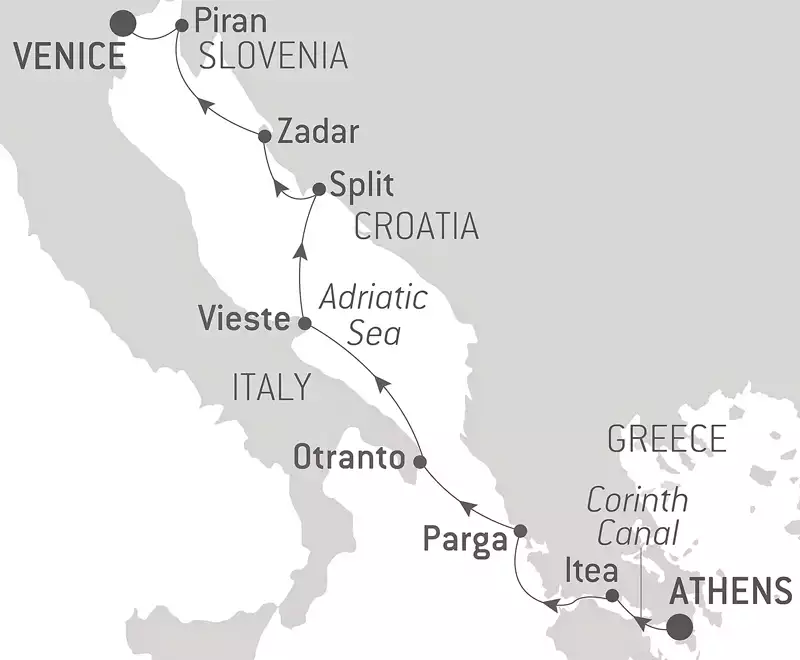 Route map of From the City of Gods to the Canals of Venice cruise from Athens with visits to Itea, Parga, Otranto, Vieste, Split, Zadar & Piran.