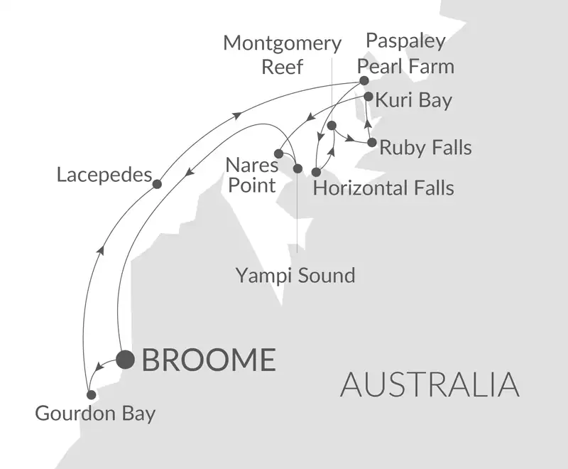 Route map of Paspaley Pearl The Pearling Coast cruise, round-trip from Broome, with visits along South Kimberley, Australia.