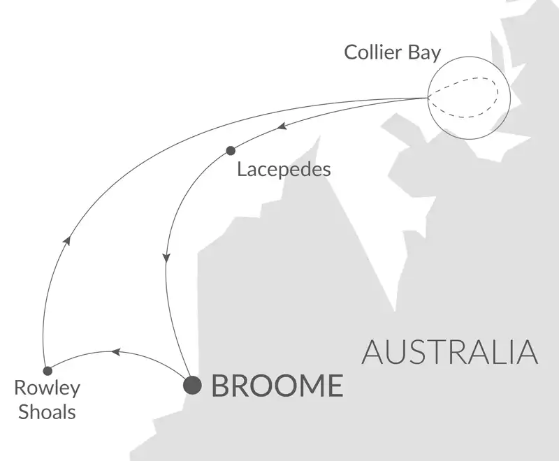 Route map of Paspaley Pearl Rowley Shoals & Kimberley Coast cruise, round-trip from Broome, Western Australia.