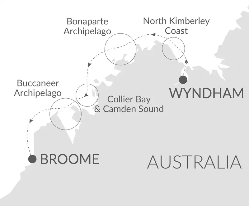 Route map of southbound Paspaley Pearl Unexplored Kimberley cruise, from Wyndham (or Darwin) to Broome, northern Australia.