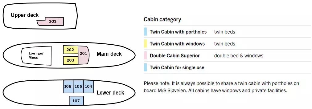 Deck plan of MS Svojeien Arctic ship with 3 color-coded cabin categories spread across 3 decks for up to 12 guests.