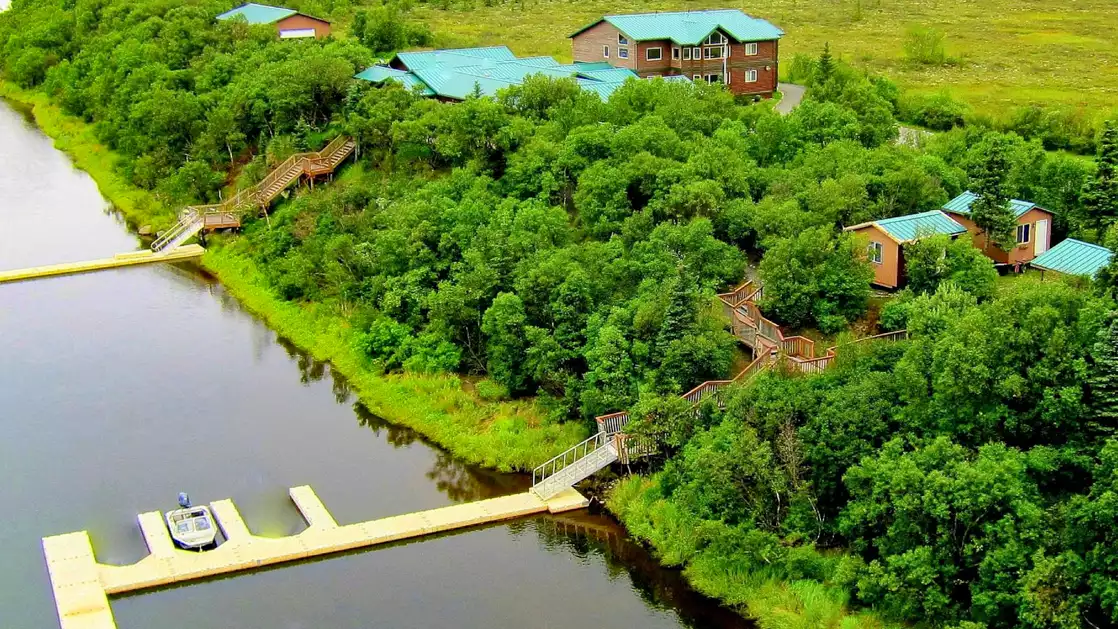 Ariel view of King Salmon Lodge with green roofs located in Alaska nested into the woods with stairs leading down to a dock with waterfront access.