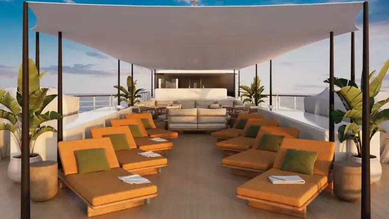 Rendering of orange sun loungers with green throw pillows in a row by tropical plants under sun shade on Paspaley Pearl ship.