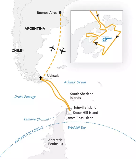 Route map of Antarctica by Helicopter cruise round-trip from Ushuaia, Argentina with visits in the Weddell Sea, bookended by charter flights connecting Buenos Aires.