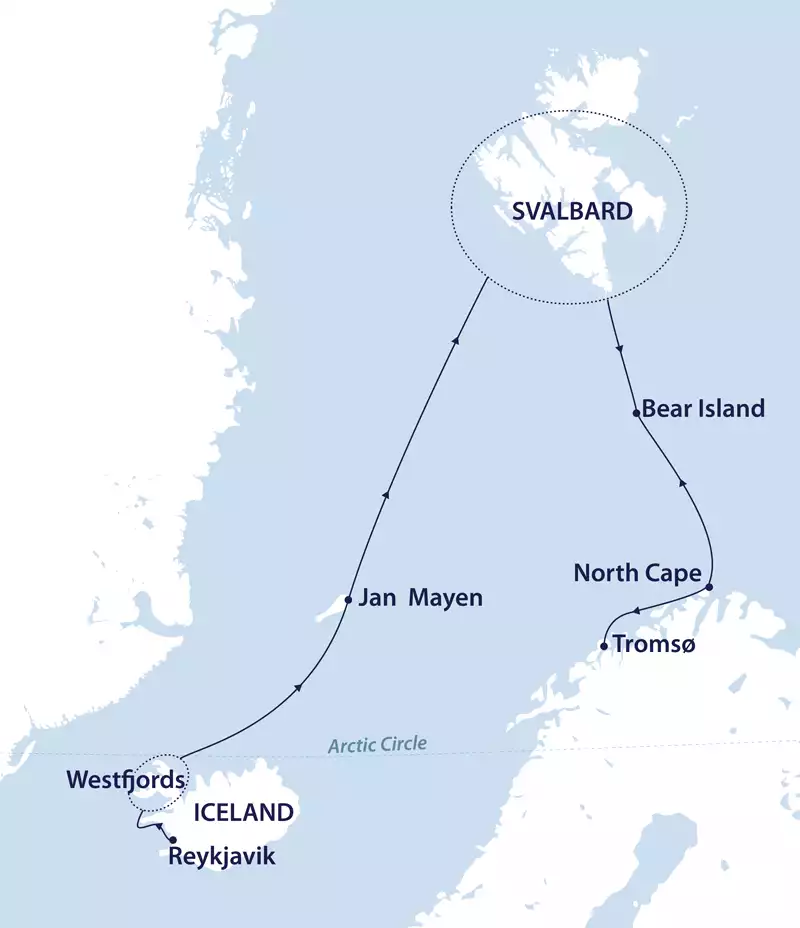 Route map of Arctic Golden Autumn & Northern Lights cruise from Reykjavik, Iceland to Tromso, Norway, with visits to Jan Mayen, Svalbard, North Cape & Bear Island.