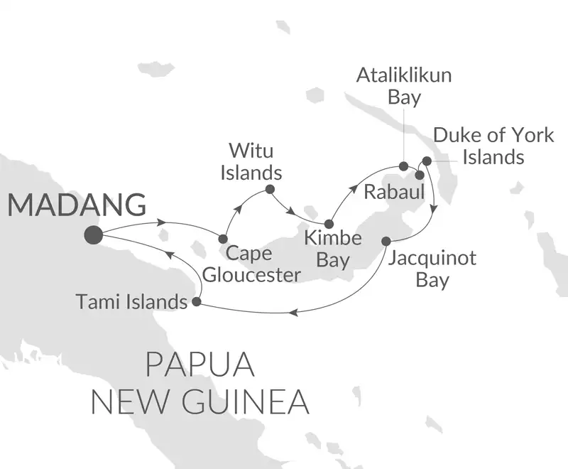 Route map of Circumnavigation of New Britain Island cruise, round-trip from Madang, Papua New Guinea.