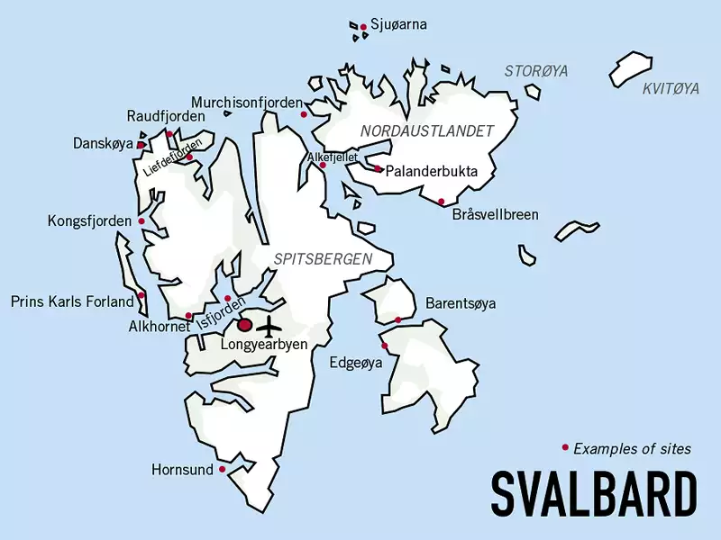 Route map of Expedition Svalbard cruise, operating round-trip from Longyearbyen with possible visits along the western, northern and eastern coast of Spitsbergen.