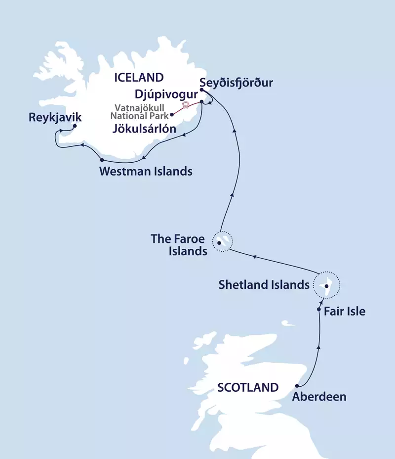 Route map of Historic Trails & Wilderness: Scotland, Faroes & Iceland cruise from Aberdeen to Reykjavik via Fair Isle & Shetlands.