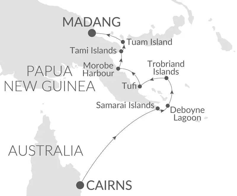 Route map of Islands & Cultures of Papua New Guinea cruise from Cairns, Australia to Madang, Papua New Guinea with visits along the southeast.