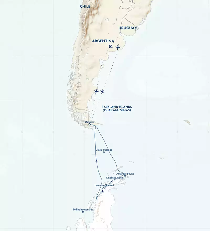 map of national geographic quest for the Antarctic circle shows each cruise stop along the 16 day cruise