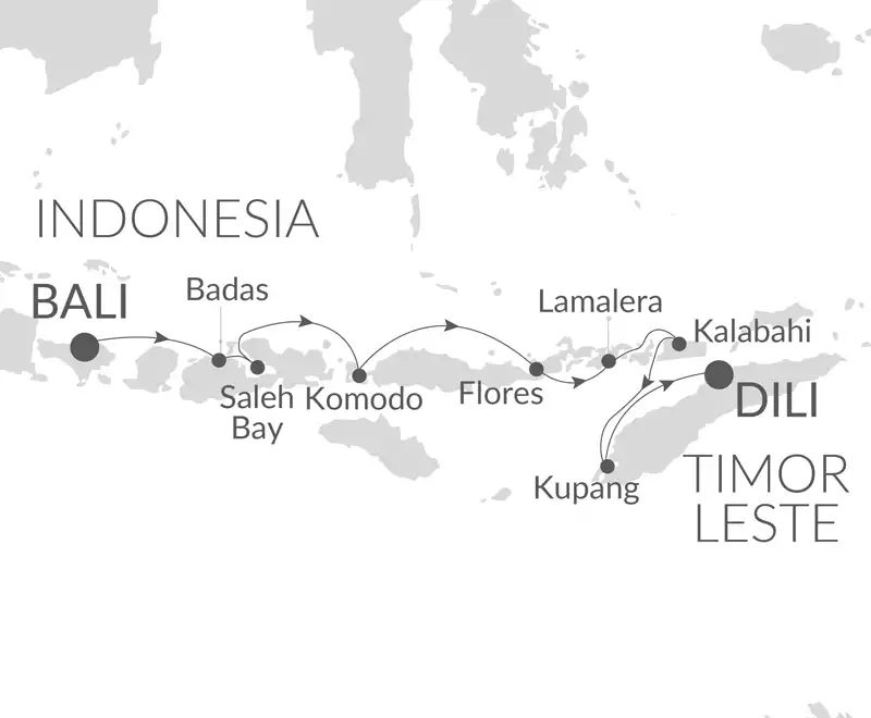 Route map of eastbound Encounters with Whale Sharks cruise on Paspaley Pearl, from Bali, Indonesia to Dili, East Timor.