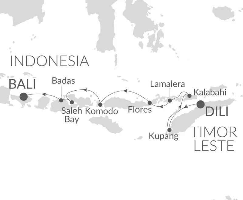 Route map of westbound Encounters with Whale Sharks cruise on Paspaley Pearl, from Dili, East Timor to Bali, Indonesia.