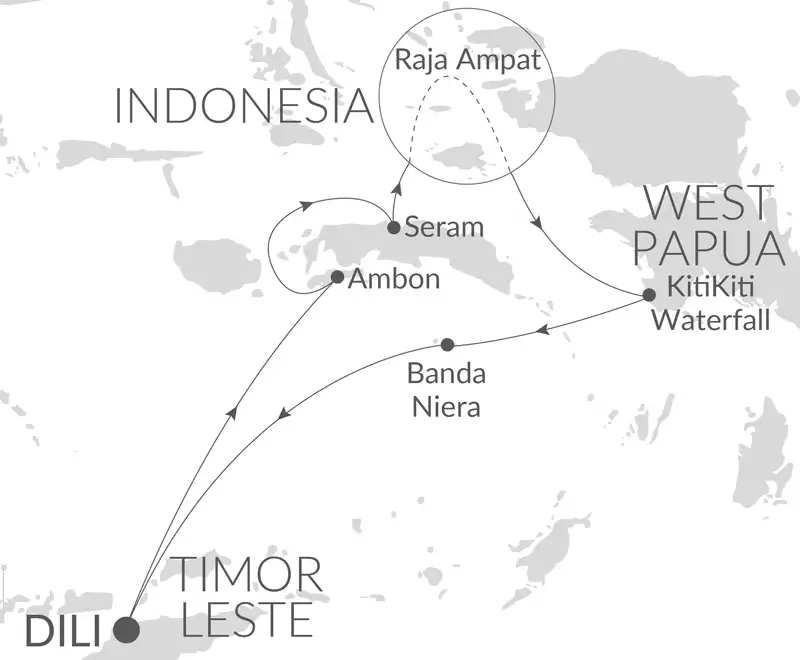 Route map of Raja Ampat & Spice Islands cruise on Paspaley Pearl, round-trip from Dili, East Timor.