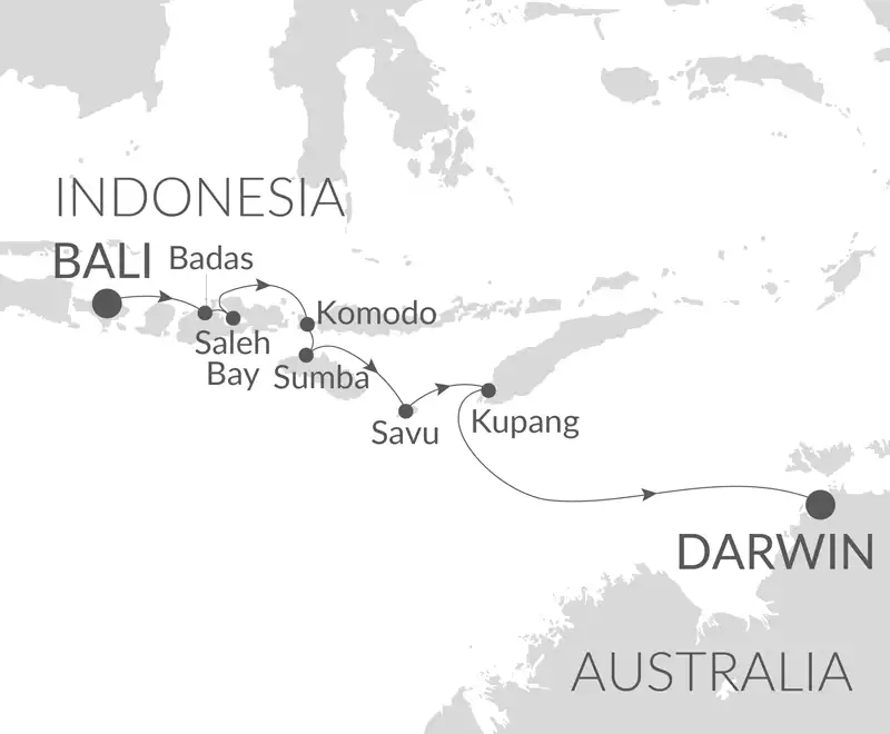 Route map of Wonders of the Indonesia Archipelago cruise on Paspaley Pearl, from Bali, Indonesia to Darwin, Australia.