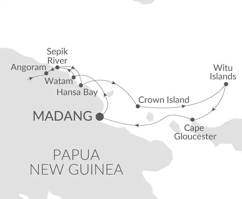 Route map of Sepik River Secrets cruise, round-trip from Madang, Papua New Guinea, with visits to various provinces.