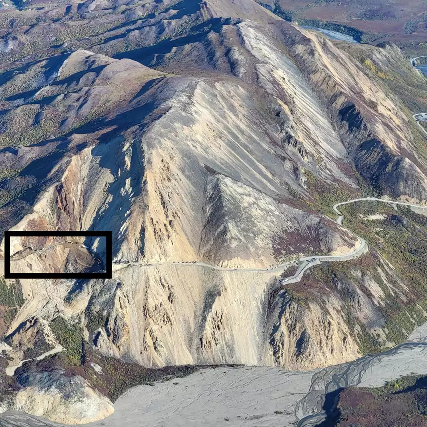 Aerial view of Denali National Park road with box showing closed section due to a landslide.