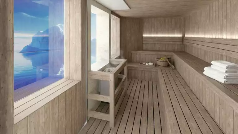 Sauna with large bench and large viewing windows aboard small cruise ship magellean discoverer