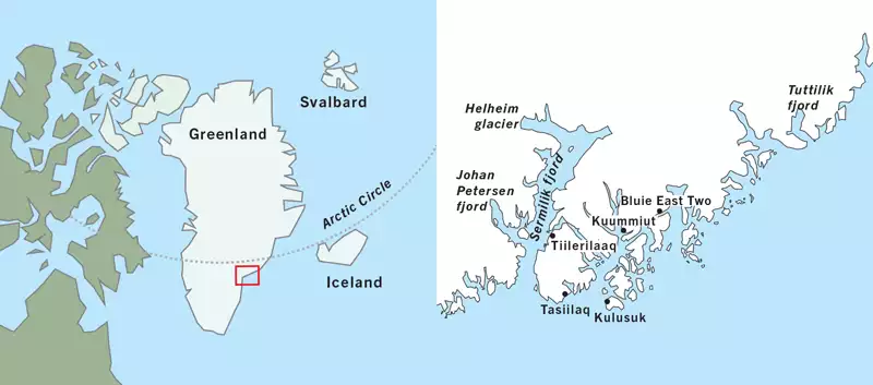 Route map of East Greenland & the Mighty Fjords Around Sermilik cruise in the southeast with the region & fjord systems shown.