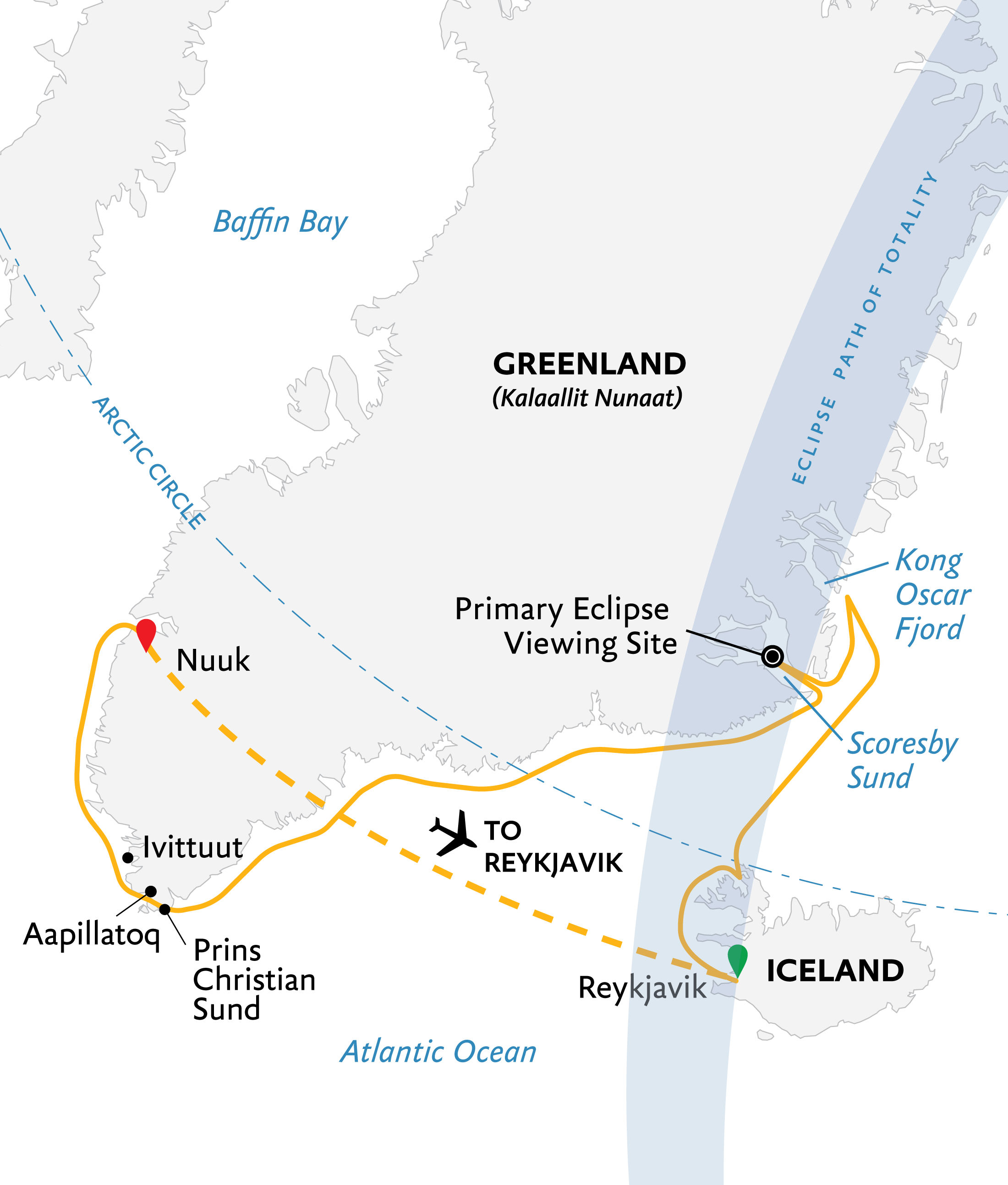 route map for small ship cruise from Iceland to Greenland showing the path of the solar eclipse and the cruise path shown in yellow