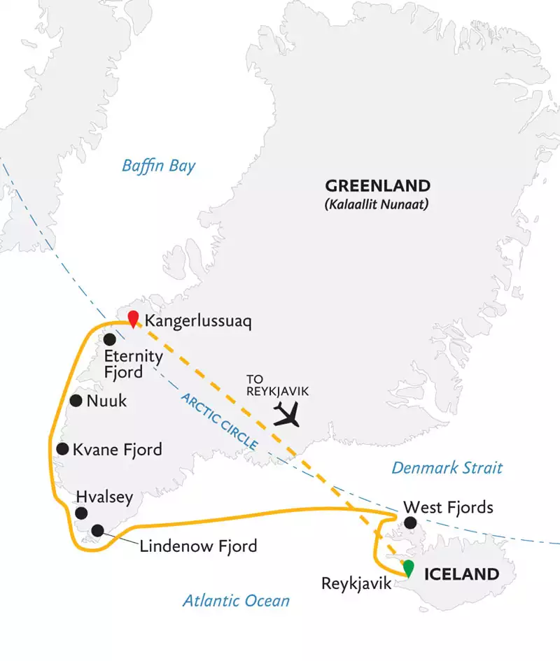 Route map of Iceland to Greenland: Mountains, Glaciers & the Westfjords cruise from Reykjavik to Kangerlussuaq, ending with a return flight.