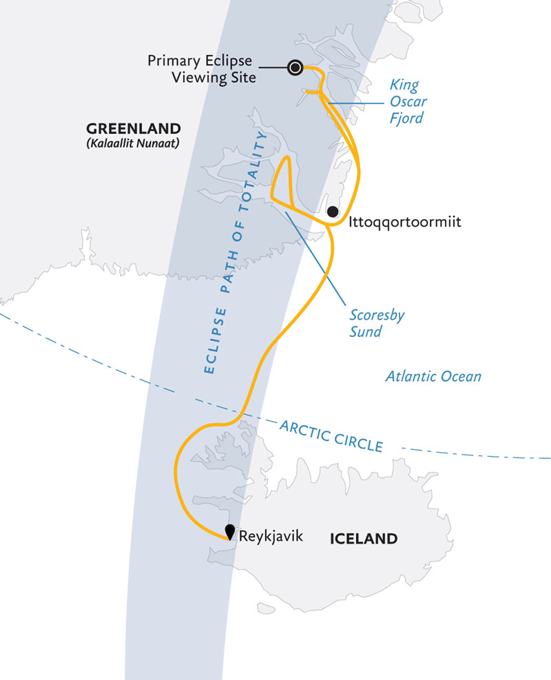 Route map of Iceland to Greenland: Total Solar Eclipse cruise, round-trip from Reykjavik with visits to the Westfjords & eastern Greenland.