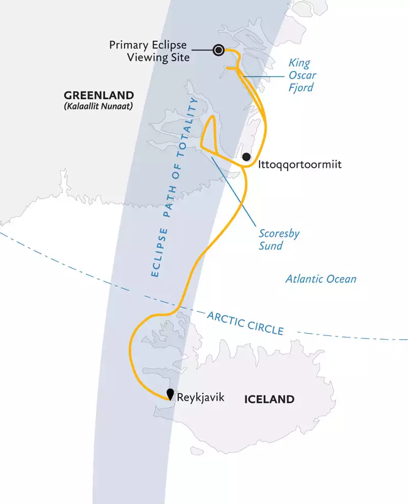 Route map of Iceland to Greenland: Total Solar Eclipse cruise, round-trip from Reykjavik with visits to the Westfjords & eastern Greenland.