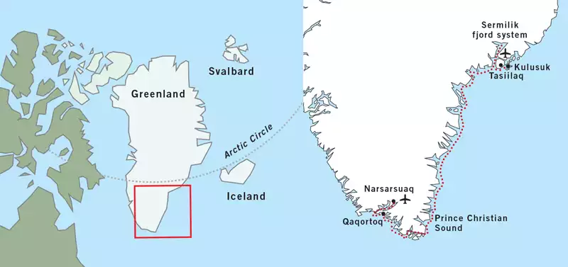 Route map of South Greenland cruise northbound from Narsarsuaq to Tasiilaq with the region & cruise route both shown.