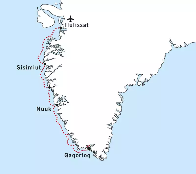 Route map of South Greenland cruise southbound from Ilulissat to Narsarsuaq with the cruise route shown.