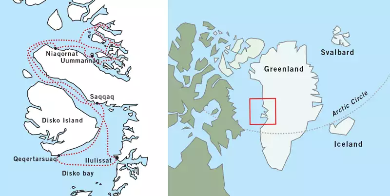 Route map of West Greenland Disko Bay to Uummannaq cruise, round-trip from Ilulissat along mid-coast West Greenland.