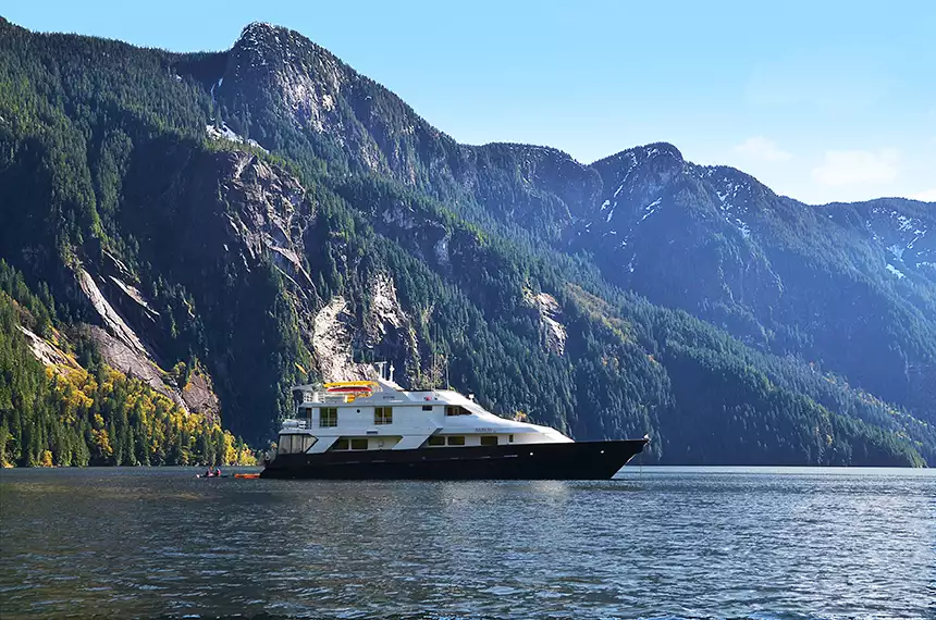 A small luxury Alaska cruise ship seen on its starboard side with kayakers in the water right behind the stern and big mountains behind with yellow fall leaves