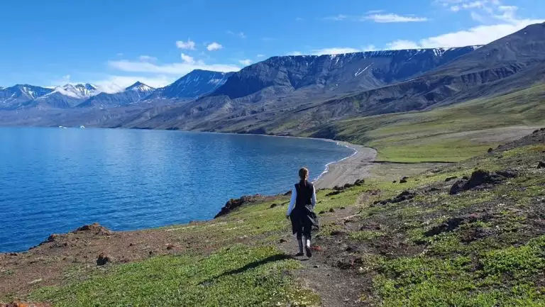 Woman walks a singletrack trail among green tundra while hiking along a secluded bay on a sunny day in West Greenland.