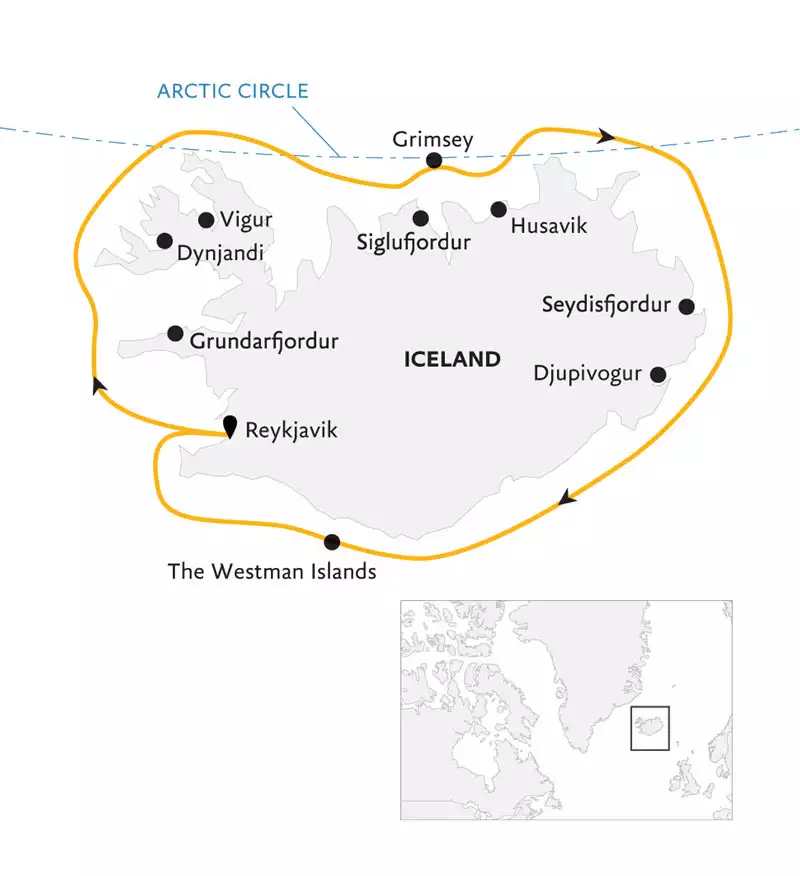 Route map of Iceland Circumnavigation: Helicopters, Glaciers & Volcanoes cruise, round-trip from Reykjavik.