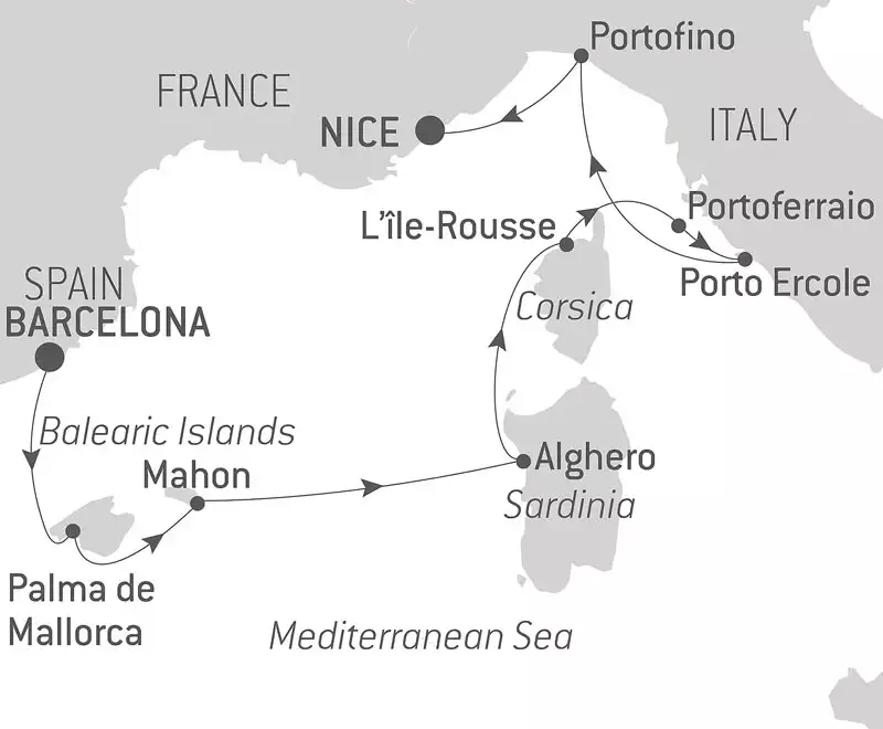 Route map of Total Solar Eclipse at Sea Mediterranean cruise from Barcelona, Spain to Nice, France with visits to the Balearic Islands, Sardinia, Corsica & Italy.