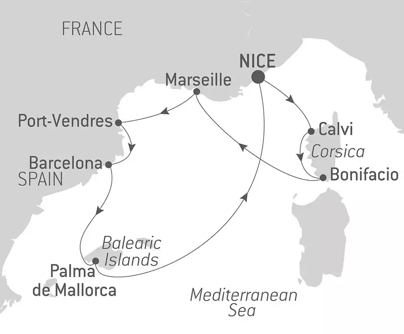 Route map of Total Solar Eclipse in the Mediterranean cruise round-trip from Nice, France with visits to Corsica, the Balearic Islands & Spain.