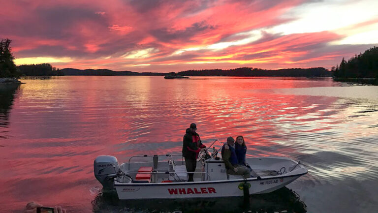 Boston Whaler tender vessel with outboard motor, white hull & open-air seating sits in calm water under a pink sunset.