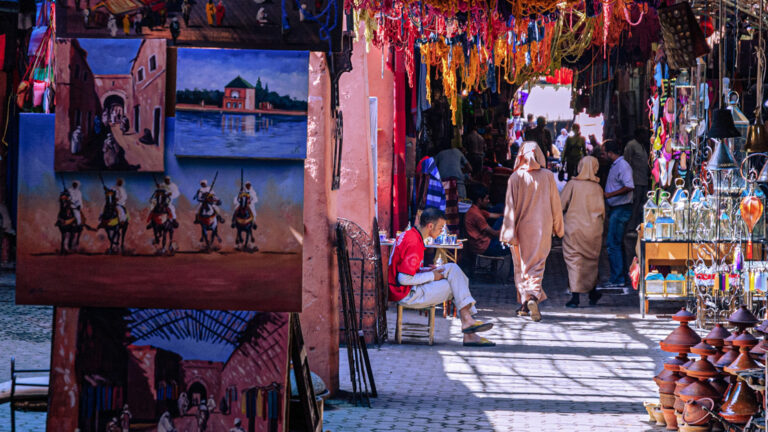 Moroccan market filled with shops and markets full of colorful producers and art for shoppers to buy