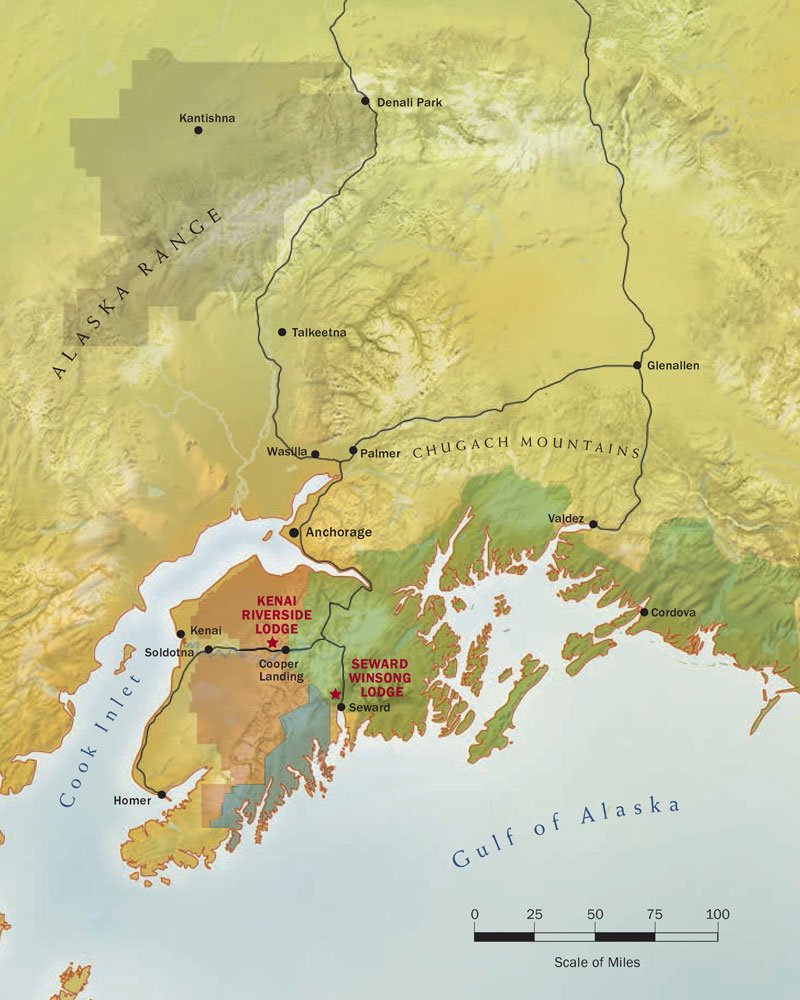 Map of central Alaska, showing Kenai Riverside Lodge near Cooper Landing, Seward Windsong Lodge, Anchorage, Talkeetna & Denali.