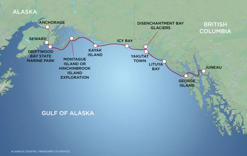 Route map of Alaska's Coastal Treasures Cruise between Seward and Juneau with visits along the southcentral coast.