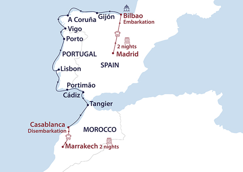 map route of small cruise ship cruising from Spain to Morocco along the Atlantic coast with stops along the way, shown in a white and blue map.