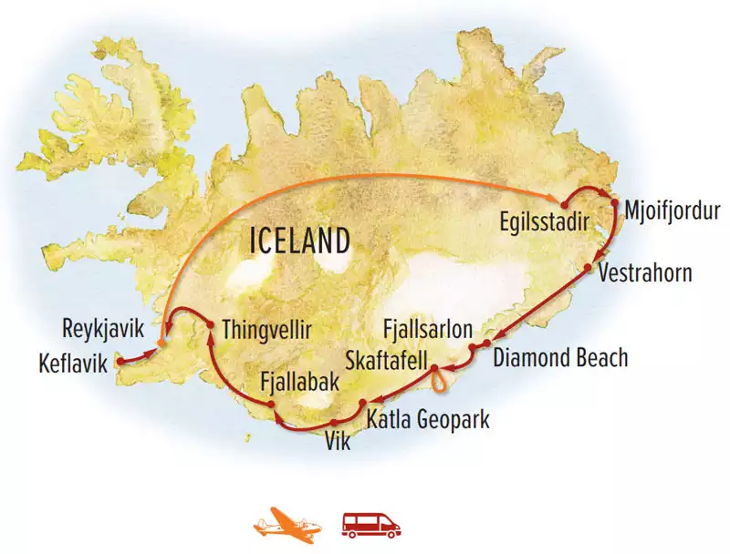 Route map of 2026 Ultimate Iceland Photo Expedition land tour, round-trip from Reykjavik with a circumnavigation of Iceland.