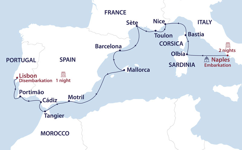 Route map of Traversing the Med: A Mediterranean Feast cruise from Naples, Italy to Lisbon, Portugal with visits along Corsica, Sardinia, France, Spain & Morroco.