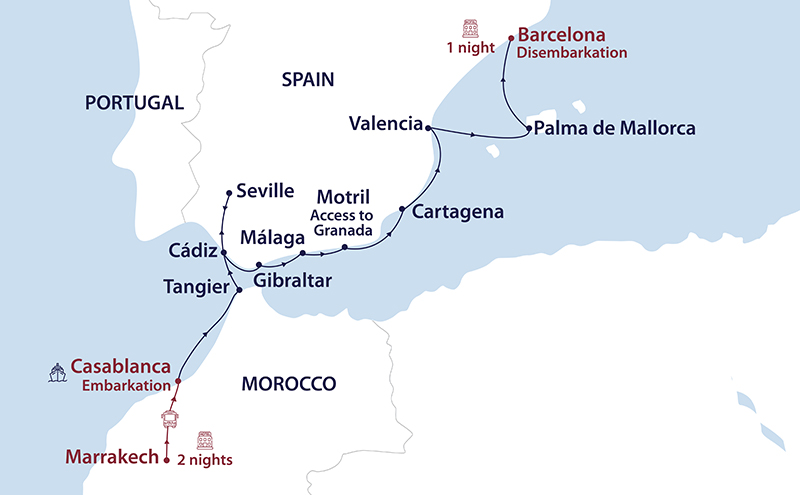 Map of small cruise ship route, from Marrakech Morocco to Barcelona Spain, shown in blue and white colors.