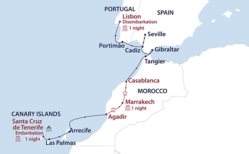 Route map of small cruise ship route from Canary isalnds to lisbon portugal with stops along the way, shown in white, blue and red