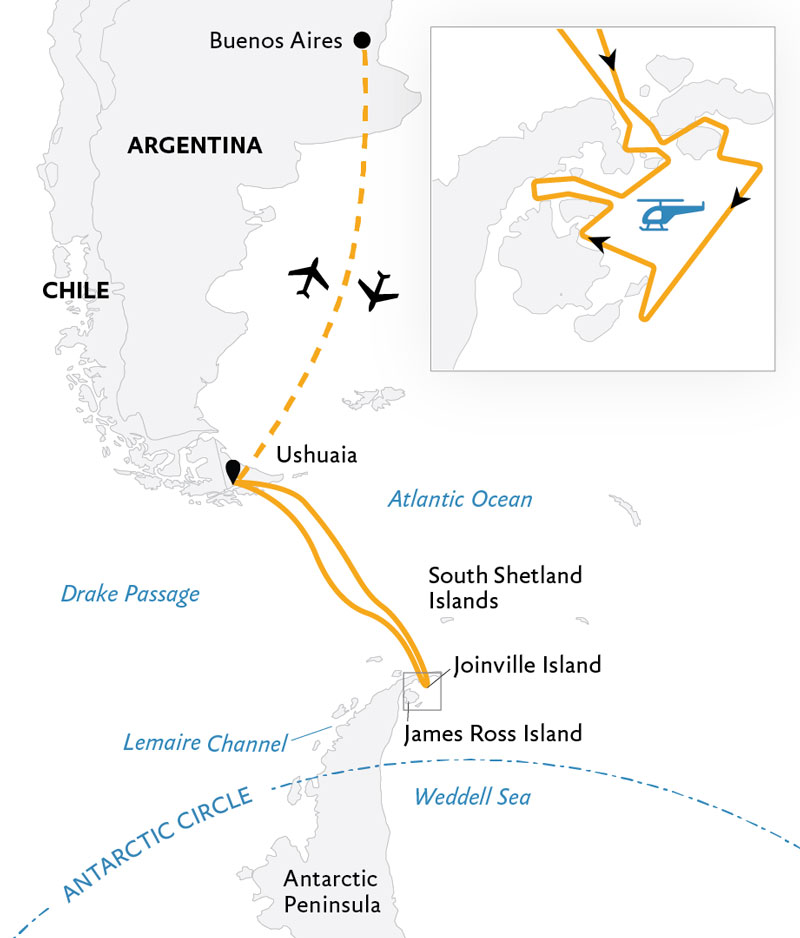Route map of Antarctica by Helicopter cruise round-trip from Ushuaia, Argentina with visits in the Weddell Sea, bookended by charter flights connecting Buenos Aires.