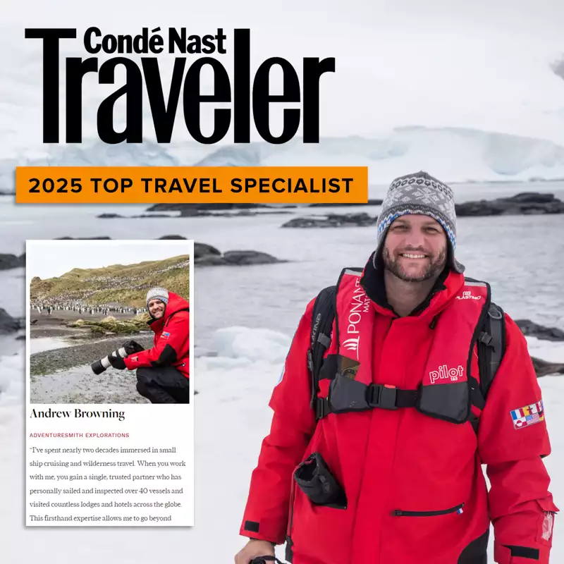 Adventure Specialist Andrew Browning is pictured as one of the top travel specialist for Conde Nast Traveler shown in icy landscapes of antarctica