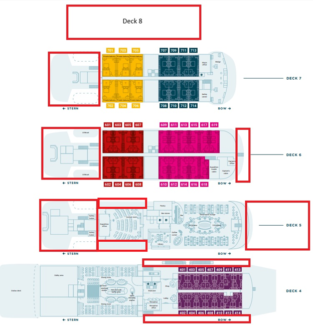 Deck plan of small ship cruise Hondius and its 8 decks