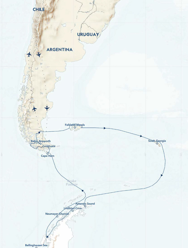 Route map of small ship cruise showing cruising path to and from Patagonia, Falklands, South Georgia & Antarctica